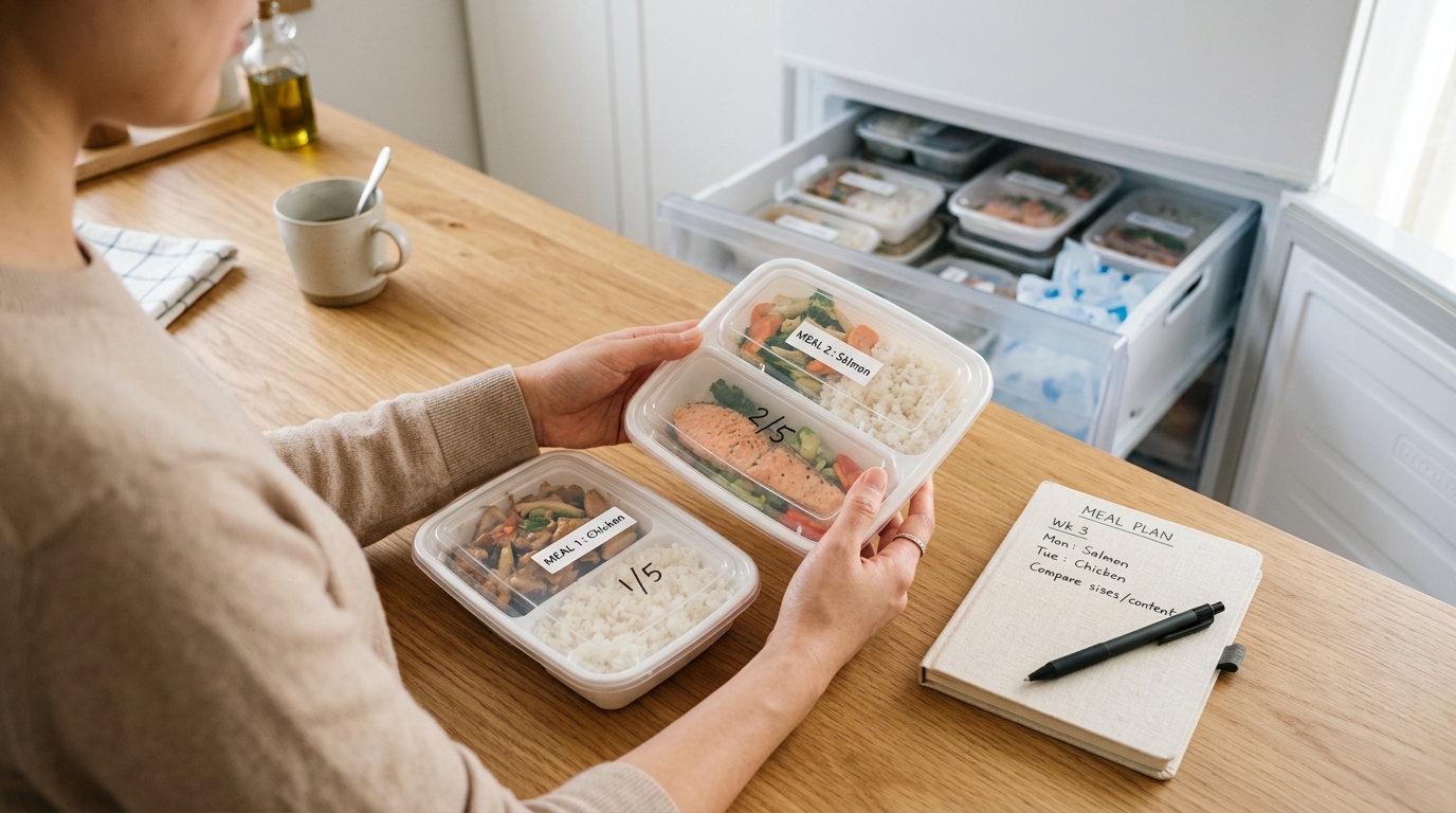 キッチンで宅食サービスの容器を比較し、冷凍庫の収納を確認している手元