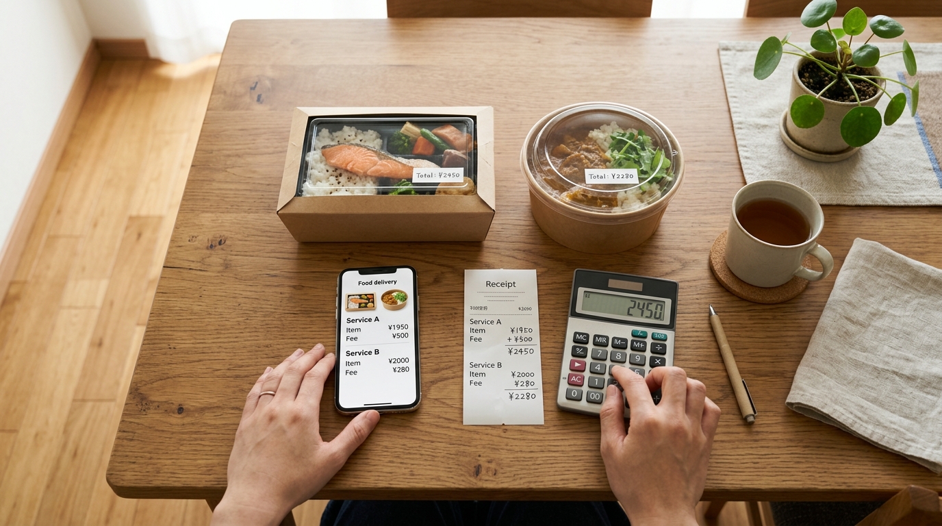 スマホと電卓を使って宅食の送料と本体価格を比較する様子