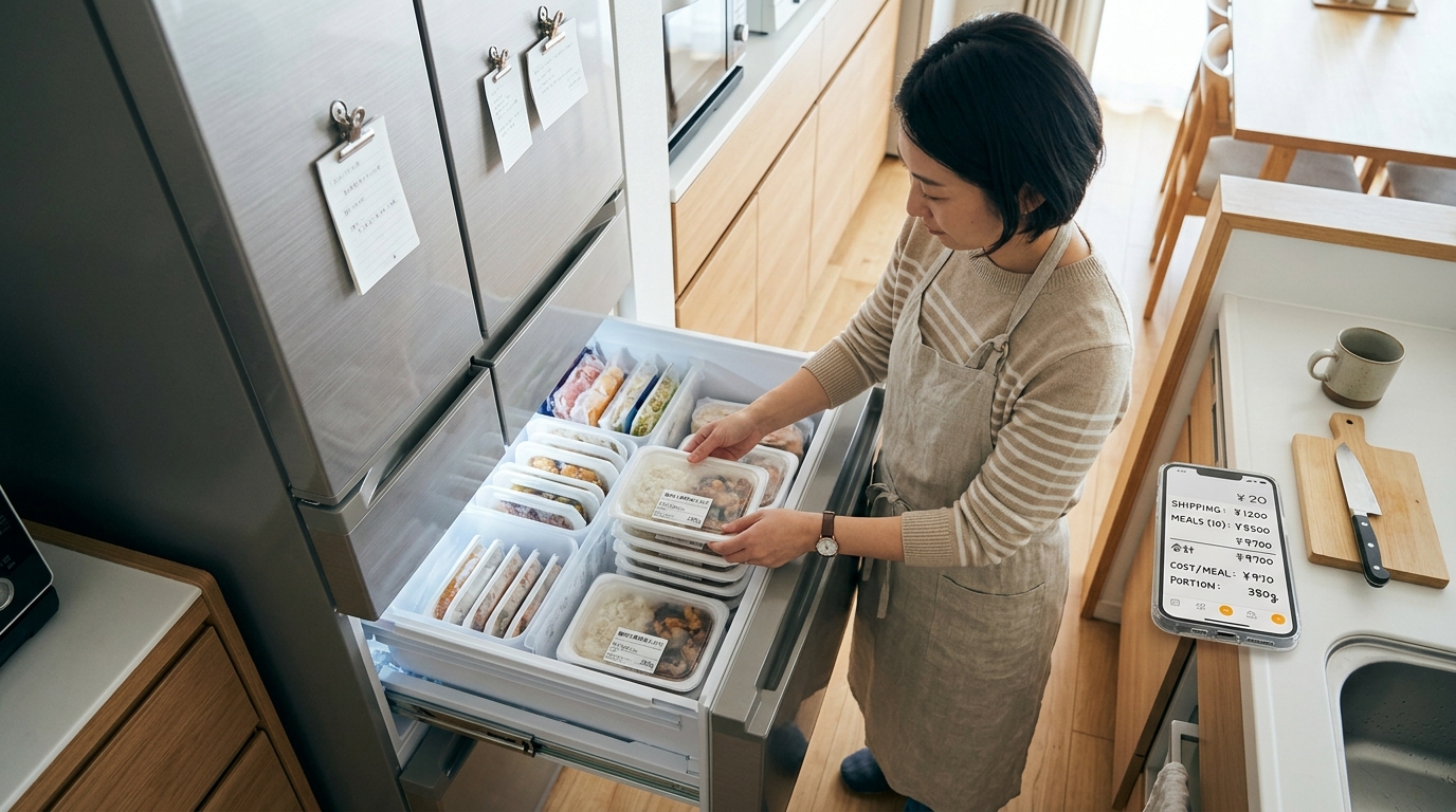 冷凍庫に宅配弁当を整理しながら、送料を含めた食費を計算するイメージ