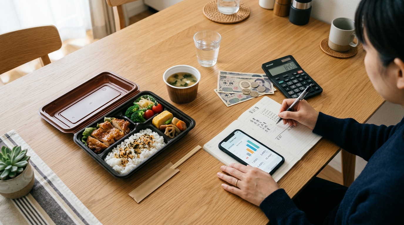 宅食弁当のコストを計算し、家計簿や計算機で比較検討している手元の様子
