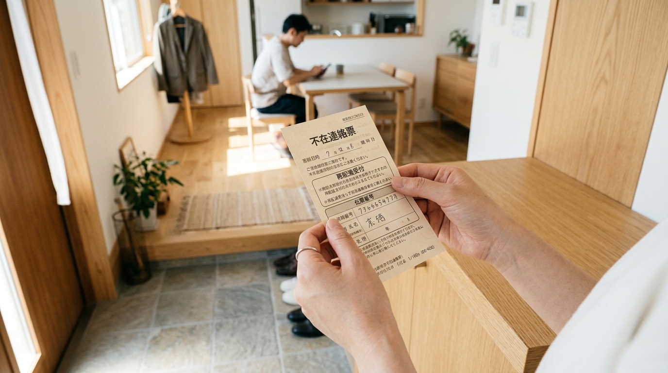 玄関で不在連絡票を手に取り、スマートフォンで再配達の手続きを検討している様子