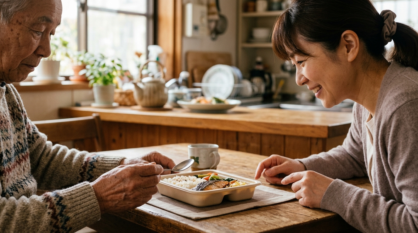 高齢の親が食卓で冷凍弁当の内容を確認し、子がその横で優しく見守りながら相談している様子。