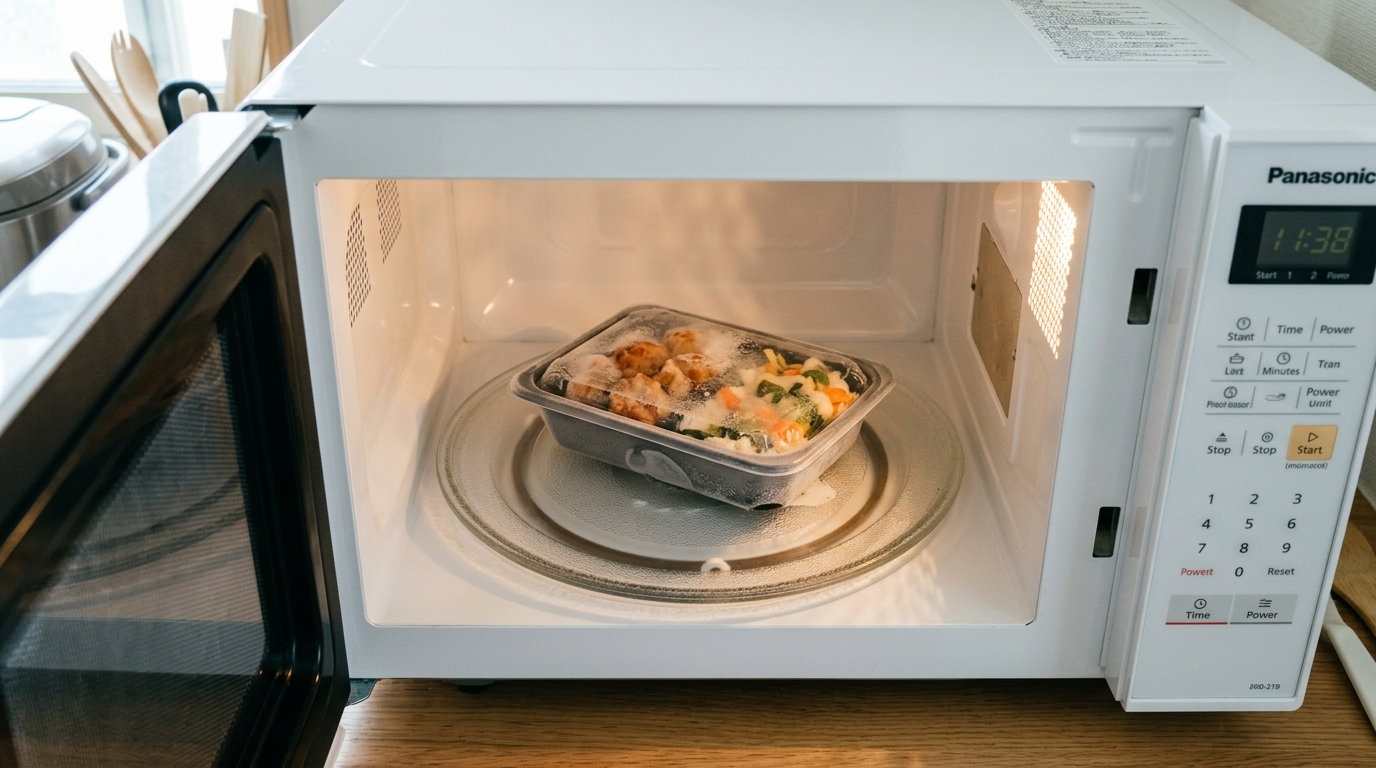 電子レンジの中で冷凍弁当を少しずらして配置する様子