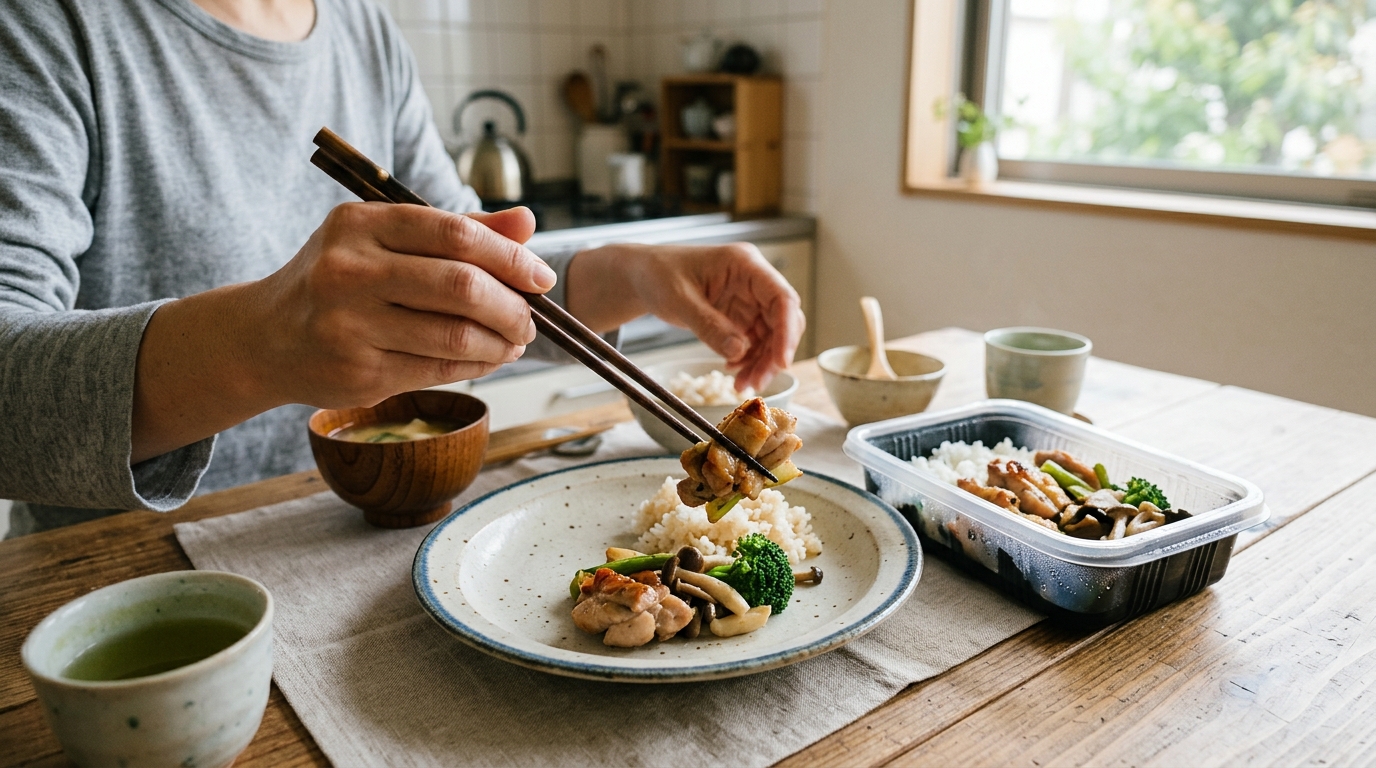 冷凍宅食の容器からお皿へ料理を盛り付ける様子