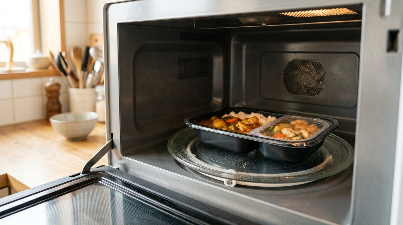電子レンジのターンテーブルの端に冷凍宅食を置き、加熱ムラを防いでいる様子