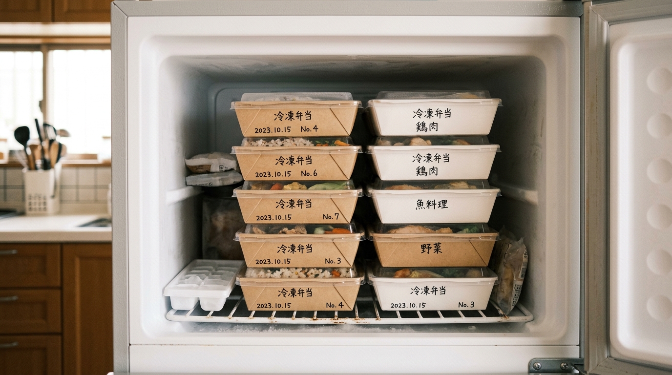 一人暮らしの小さい冷凍庫に宅食容器を収納している様子