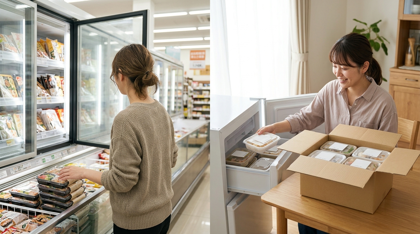 スーパーでの買い物と宅食の配送を比較する様子
