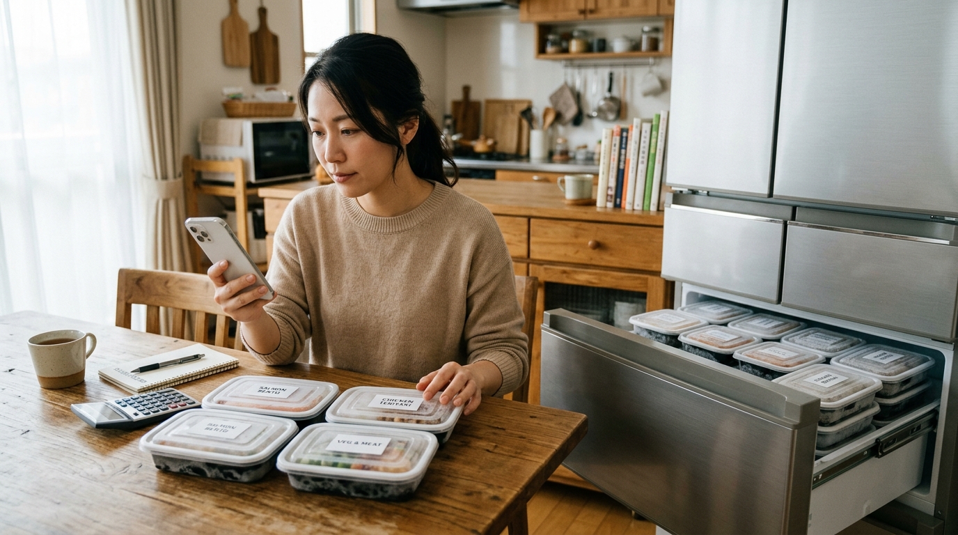 冷凍弁当のまとめ買いと、送料や本体価格を計算してコスパを確認するシーン