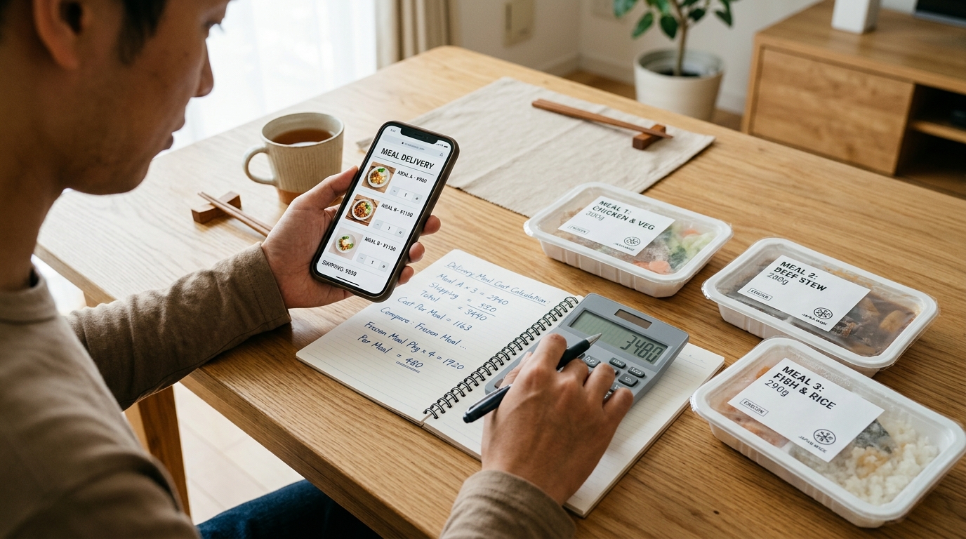 宅食サービスをスマホで確認しながら、ノートと電卓で送料込みの1食単価を計算している様子