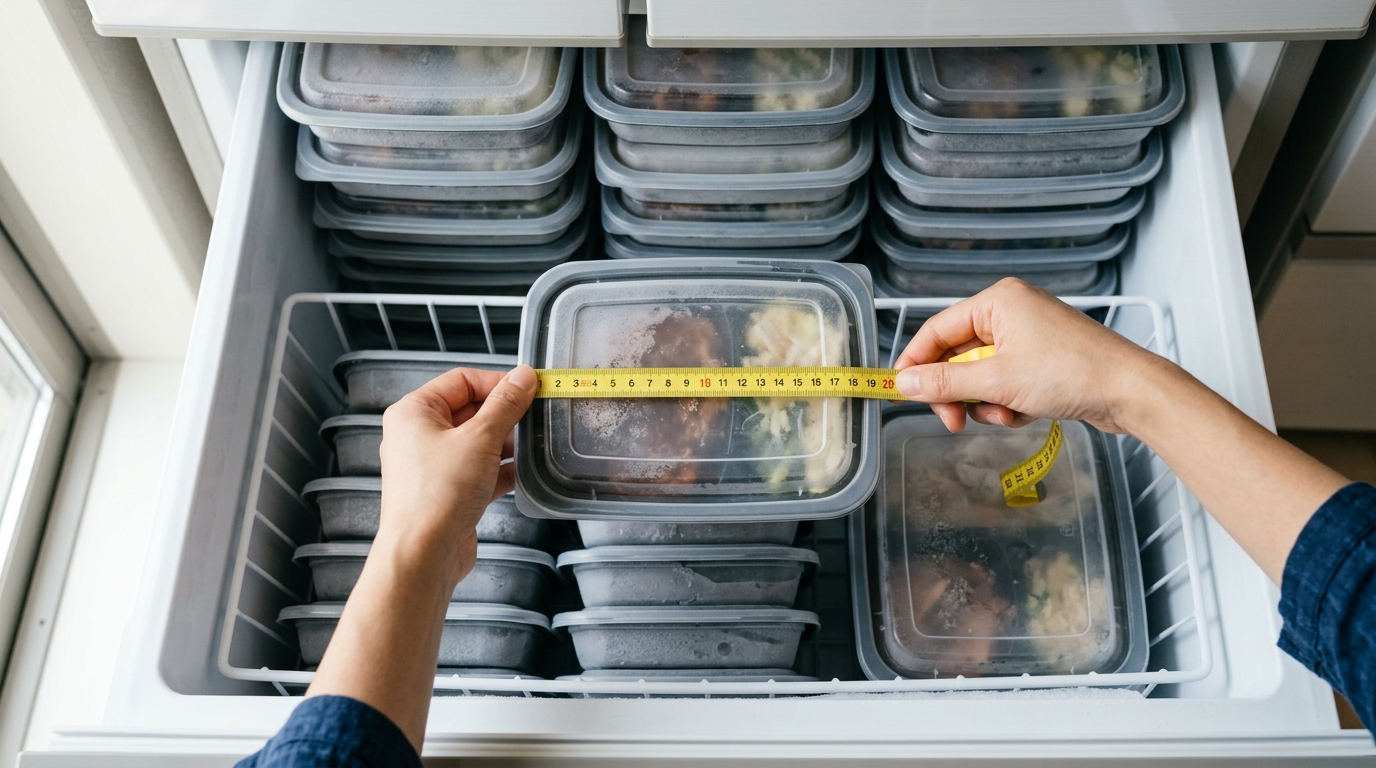 冷凍宅食の容器サイズを自宅の冷凍庫で計測し、収納を確認している様子