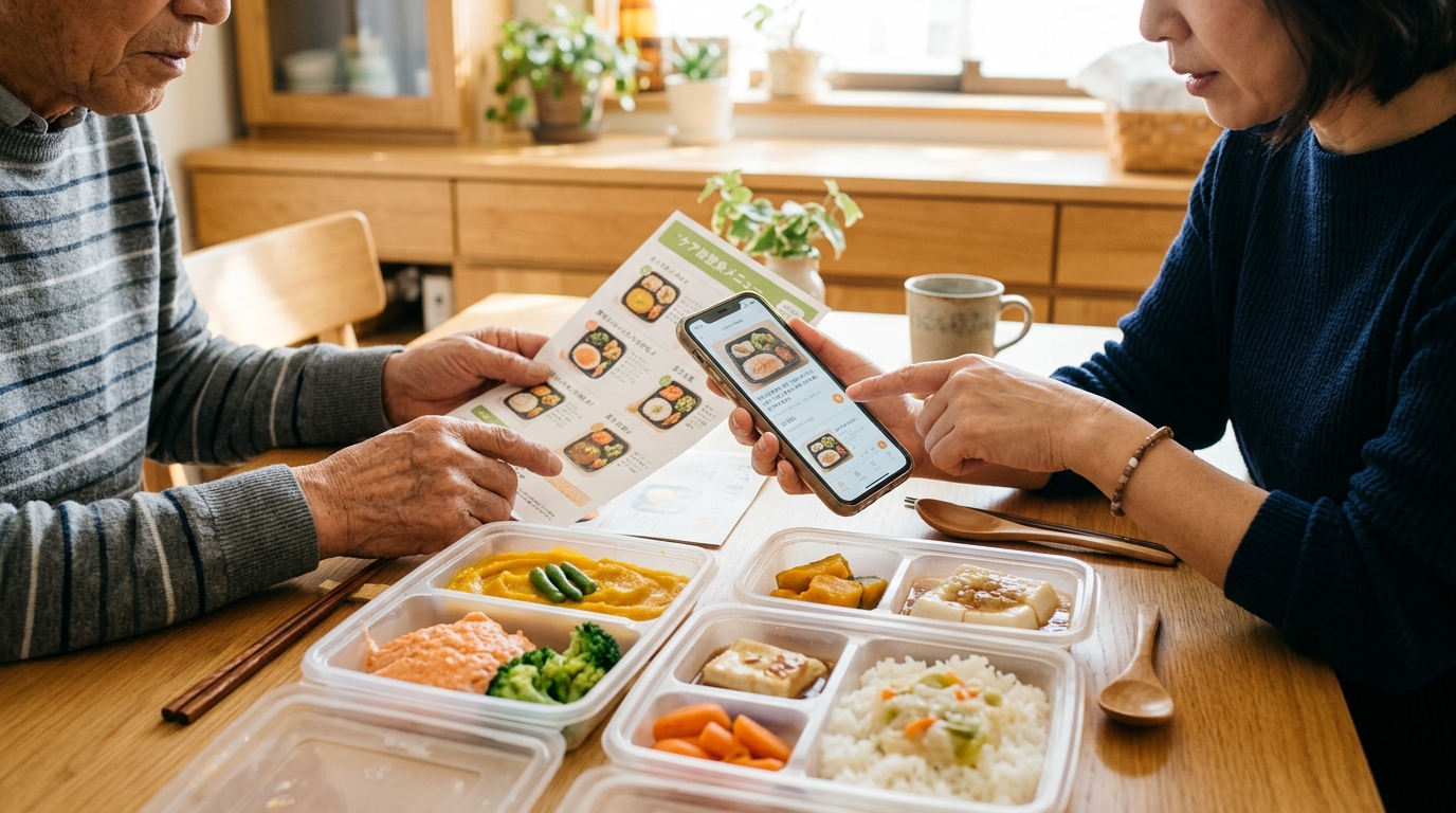 高齢の家族と一緒に宅食メニューの食べやすさを確認する様子