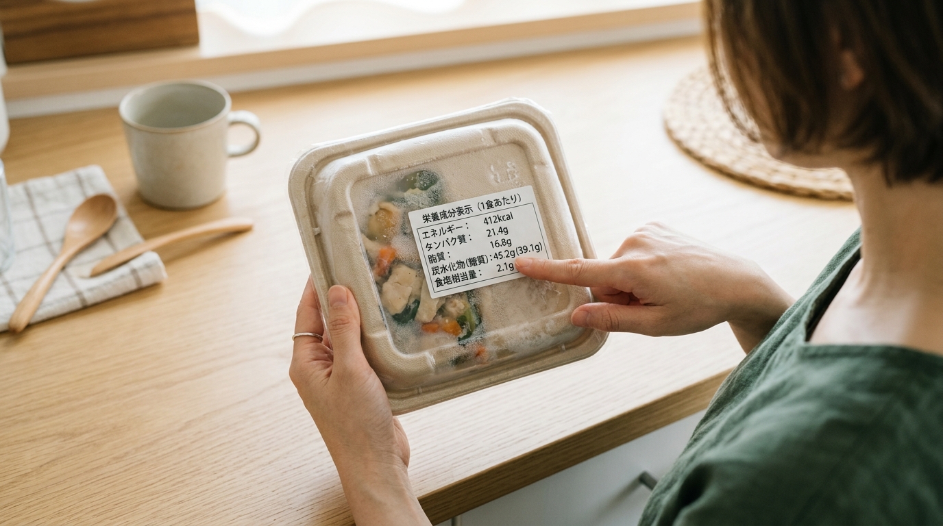 宅配弁当のパッケージ裏面にある栄養成分表示で糖質量を確認している手元