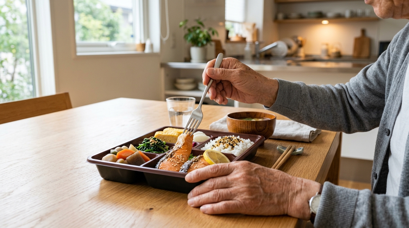 高齢の方が宅食のメニューを実際に確認し、食べやすさをチェックしている様子。
