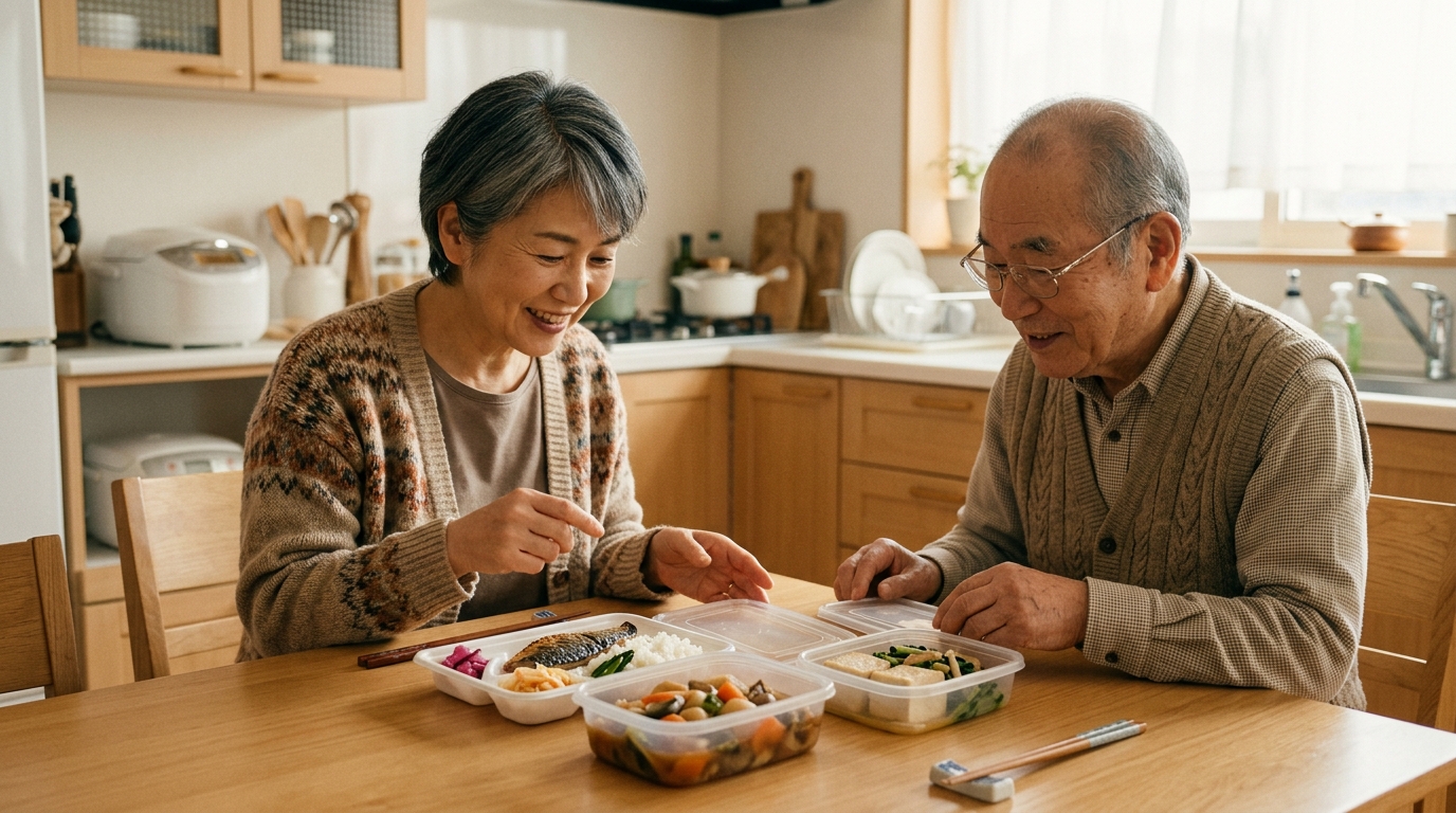高齢の家族と一緒に宅食メニューの食べやすさを確認し合っている親子の様子