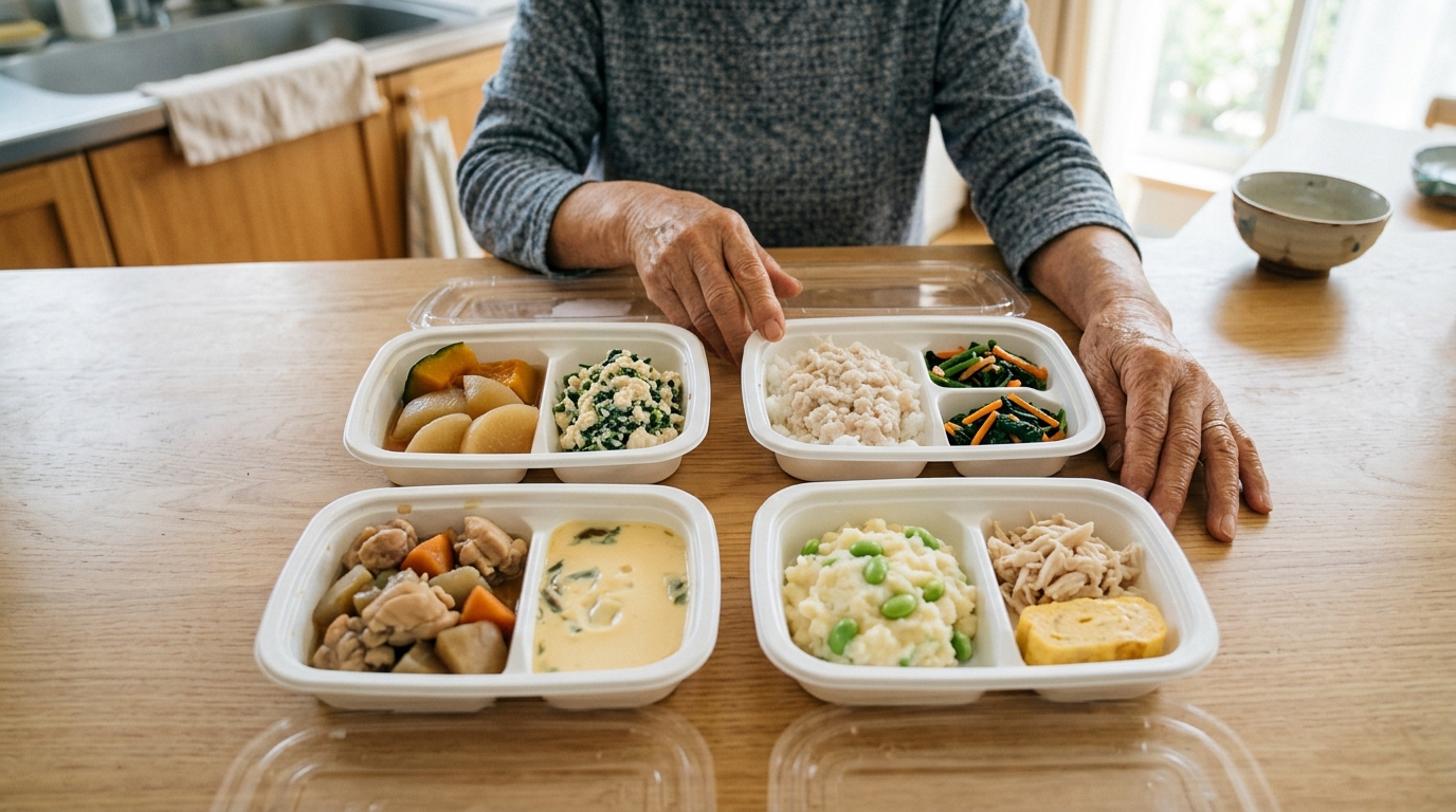 高齢の家族が自分に合った食事の固さや形態を確認している手元の様子