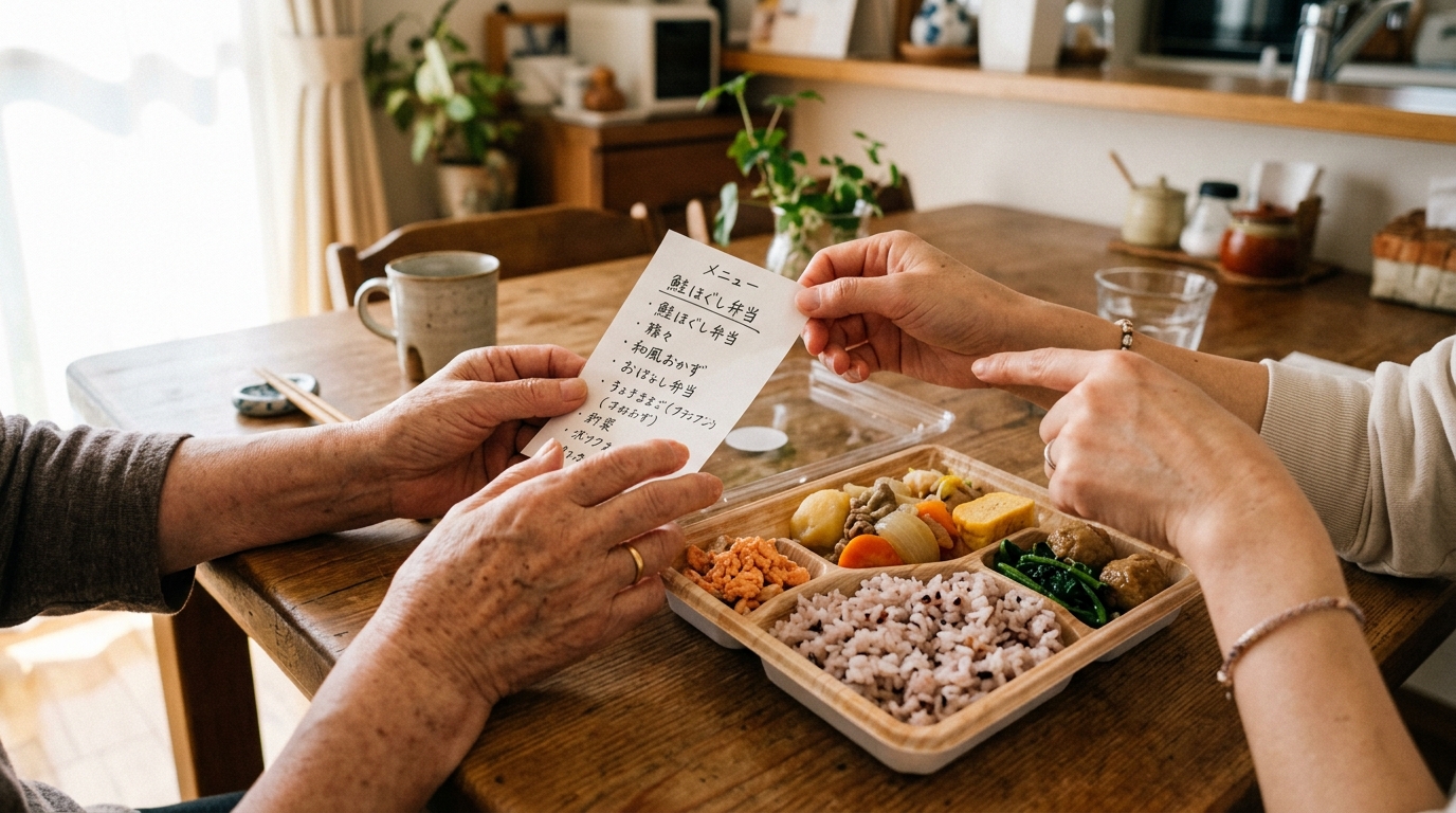 高齢の親と家族が食卓で宅食弁当を見ながら相談している手元の様子