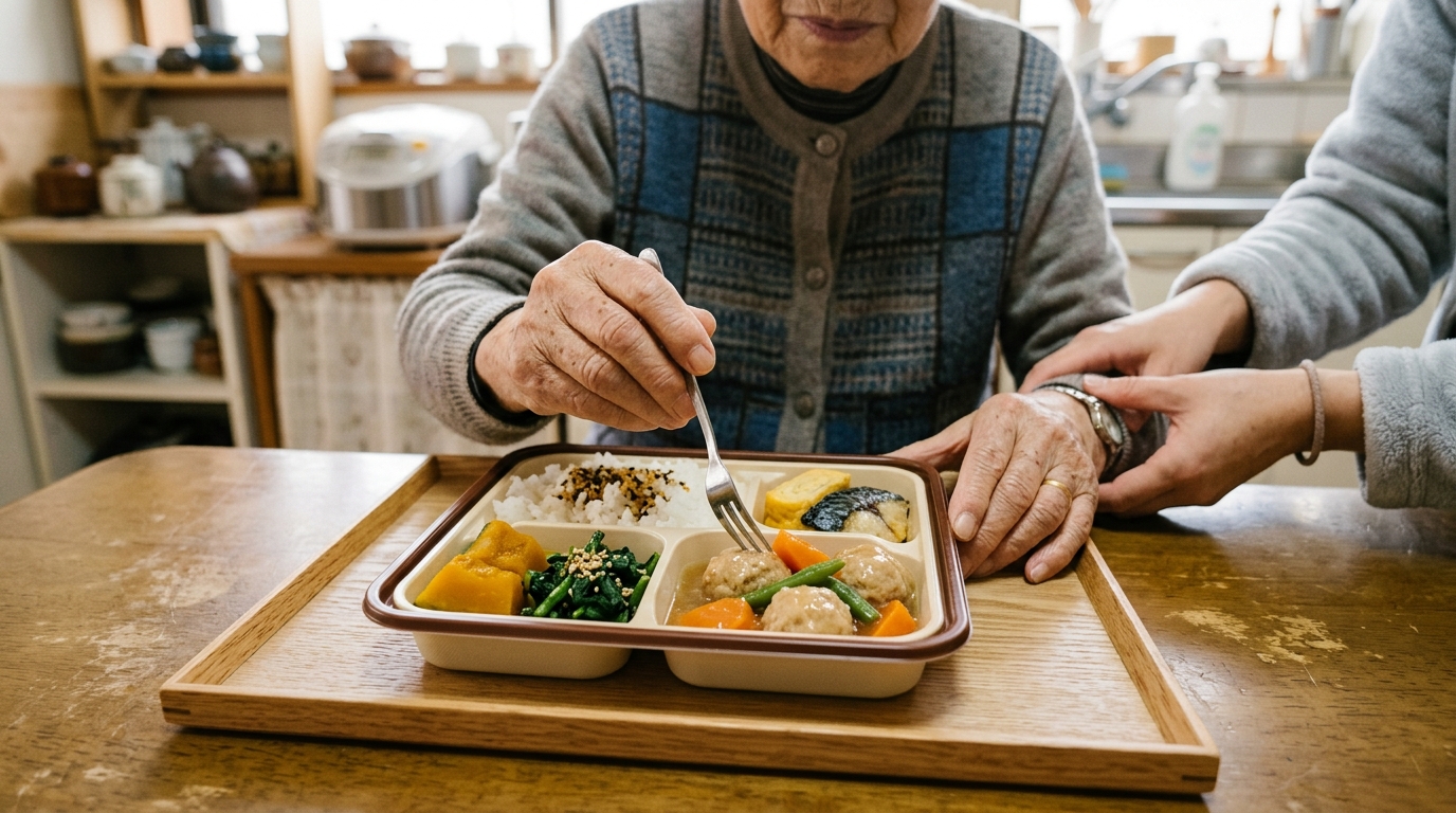 高齢者が宅食の食事を手に取り、食べやすさを確認している手元のアップ