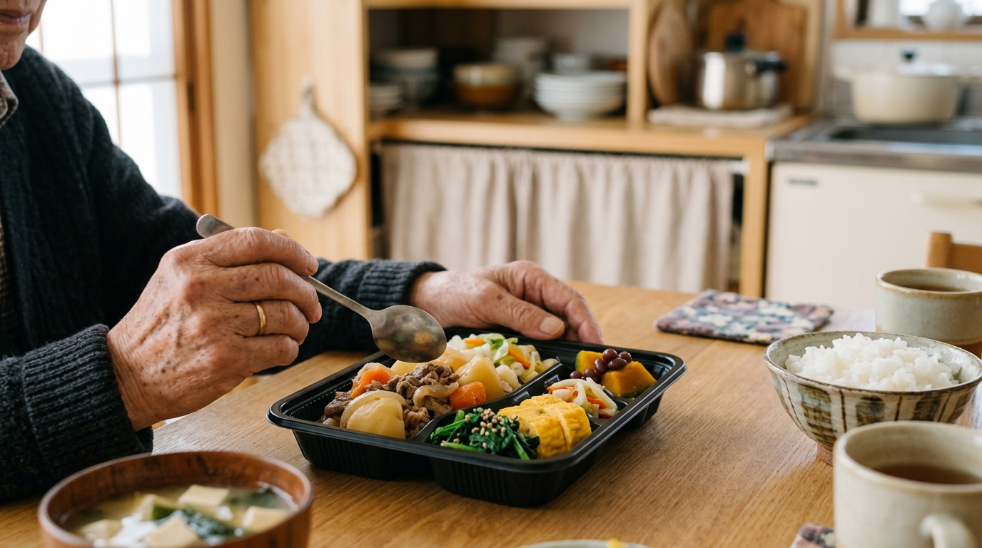 高齢者が食卓で宅食のメニューを確認している手元の様子