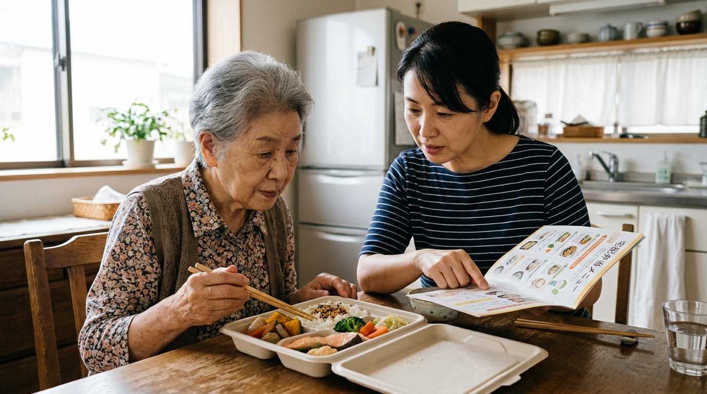 家族と一緒に高齢者の咀嚼・嚥下機能に合わせた宅食弁当を確認する様子