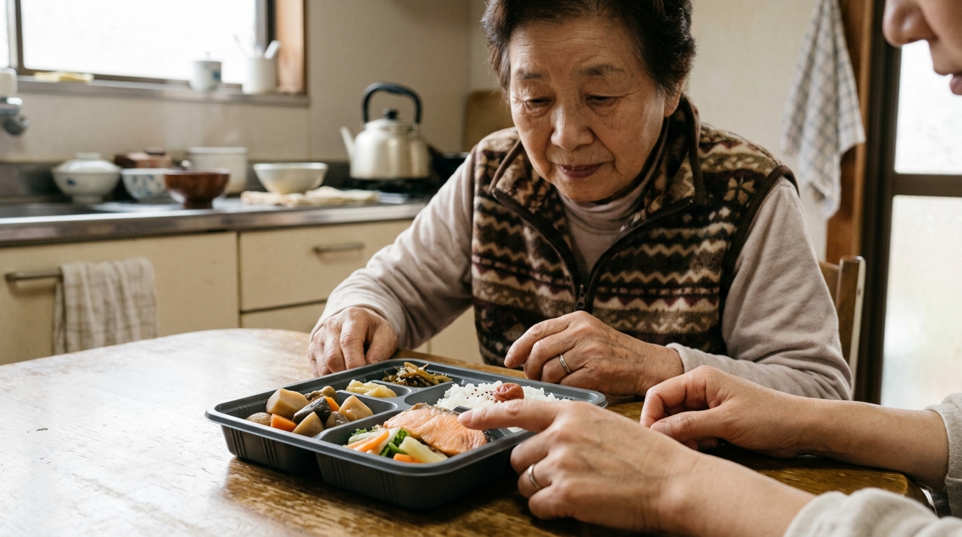 高齢の親と一緒に宅配弁当の内容や食べやすさを確認する家族の手元