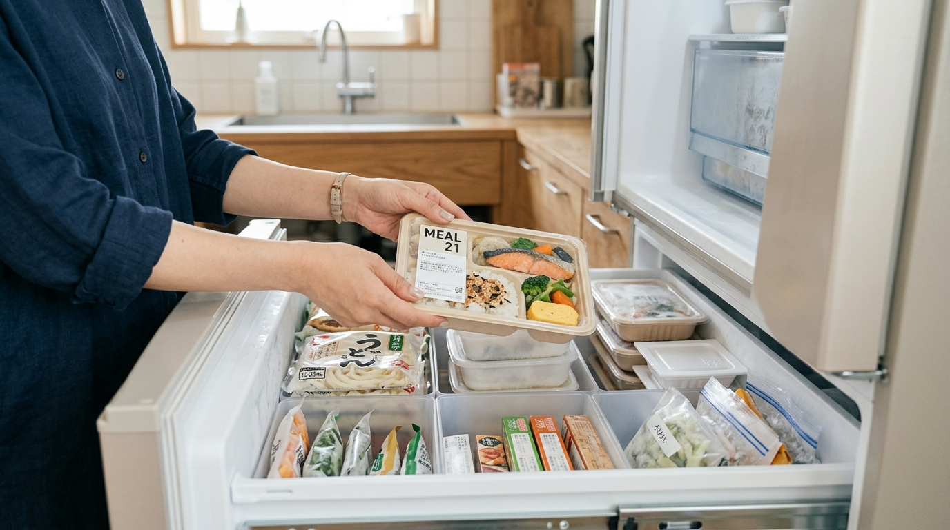 冷凍庫に宅食容器を収納し、食費と容量を整理する様子