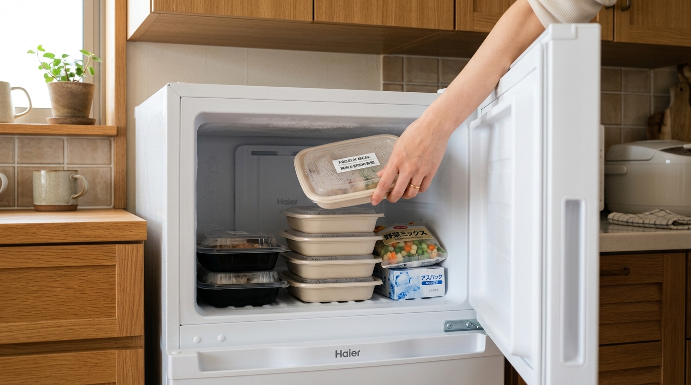一人暮らし用の小型冷蔵庫の冷凍室に、宅食弁当の容器を整理して収納している手元