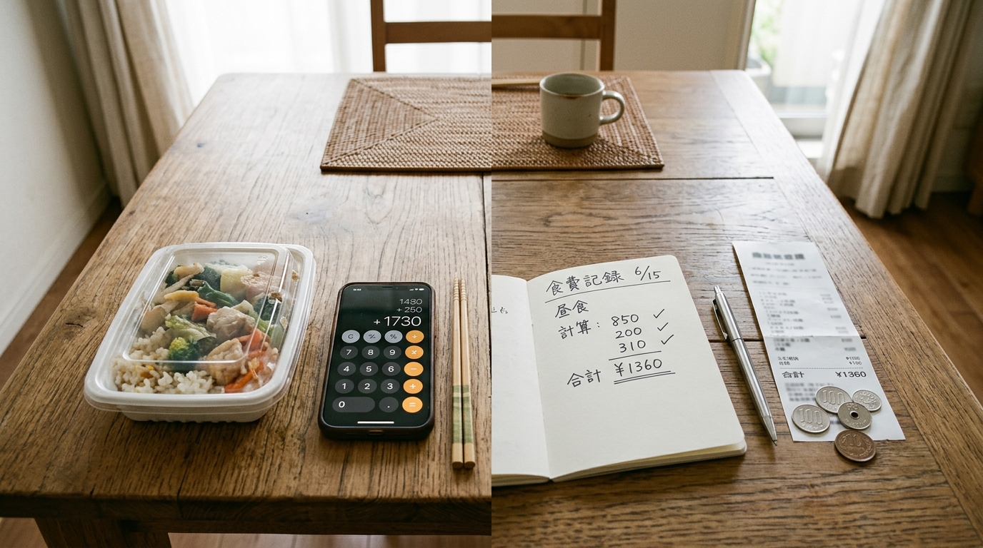 冷凍弁当の本体価格と送料をスマホやノートで計算して比較するイメージ