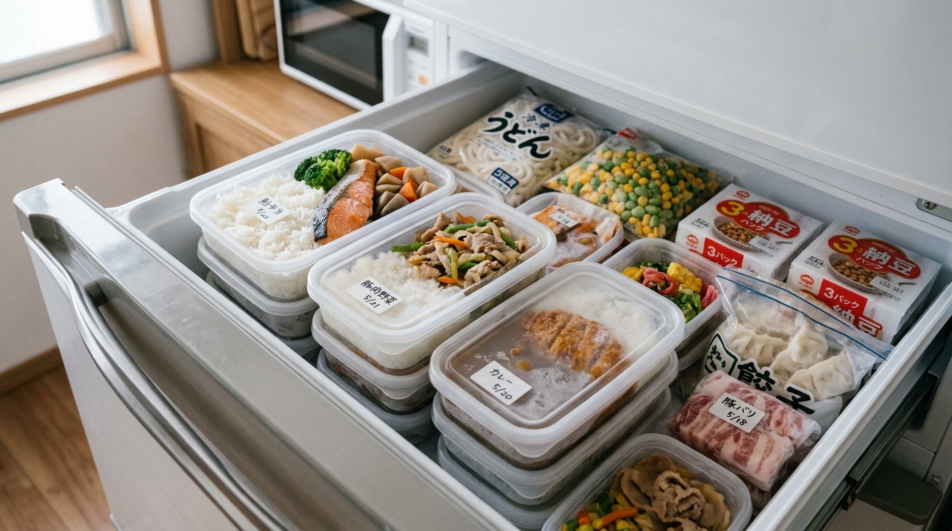 一人暮らし用の小さな冷凍庫に宅食弁当が収まっている様子