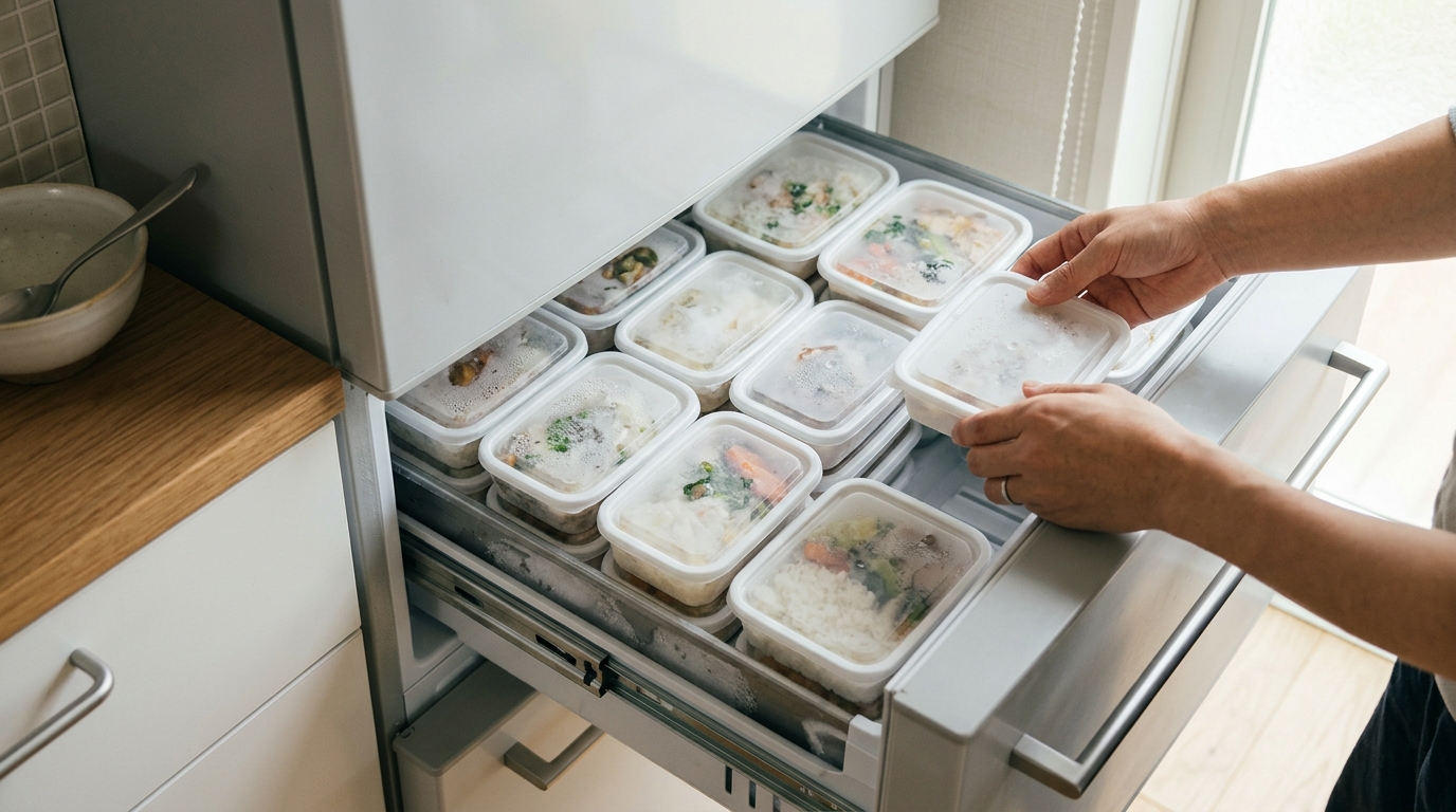 一人暮らしのコンパクトな冷凍庫に、整理して宅食の容器を収納している様子。
