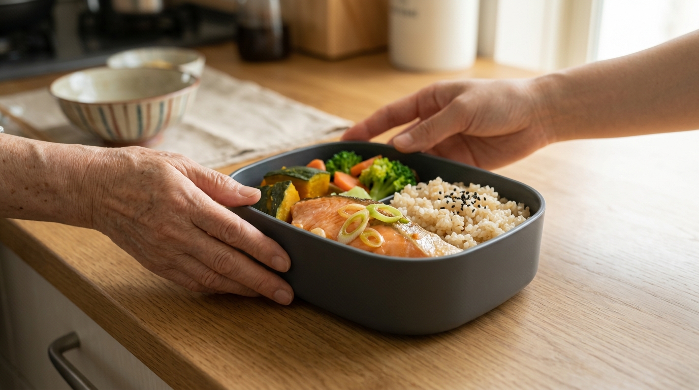 高齢の家族と家族が一緒に宅食の容器を確認し、食事の内容を確かめている手元の様子