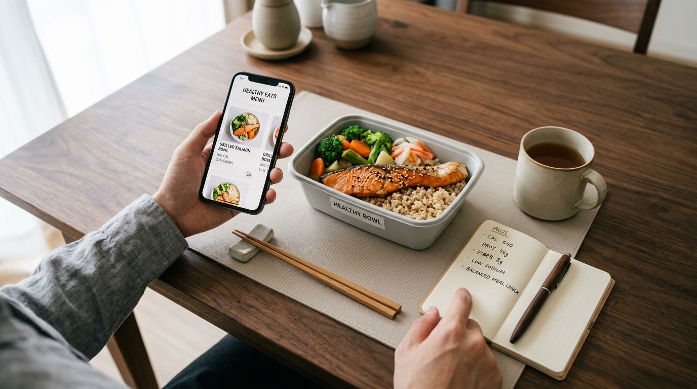 スマートフォンでメニューを確認しながら宅配弁当を選んでいる様子