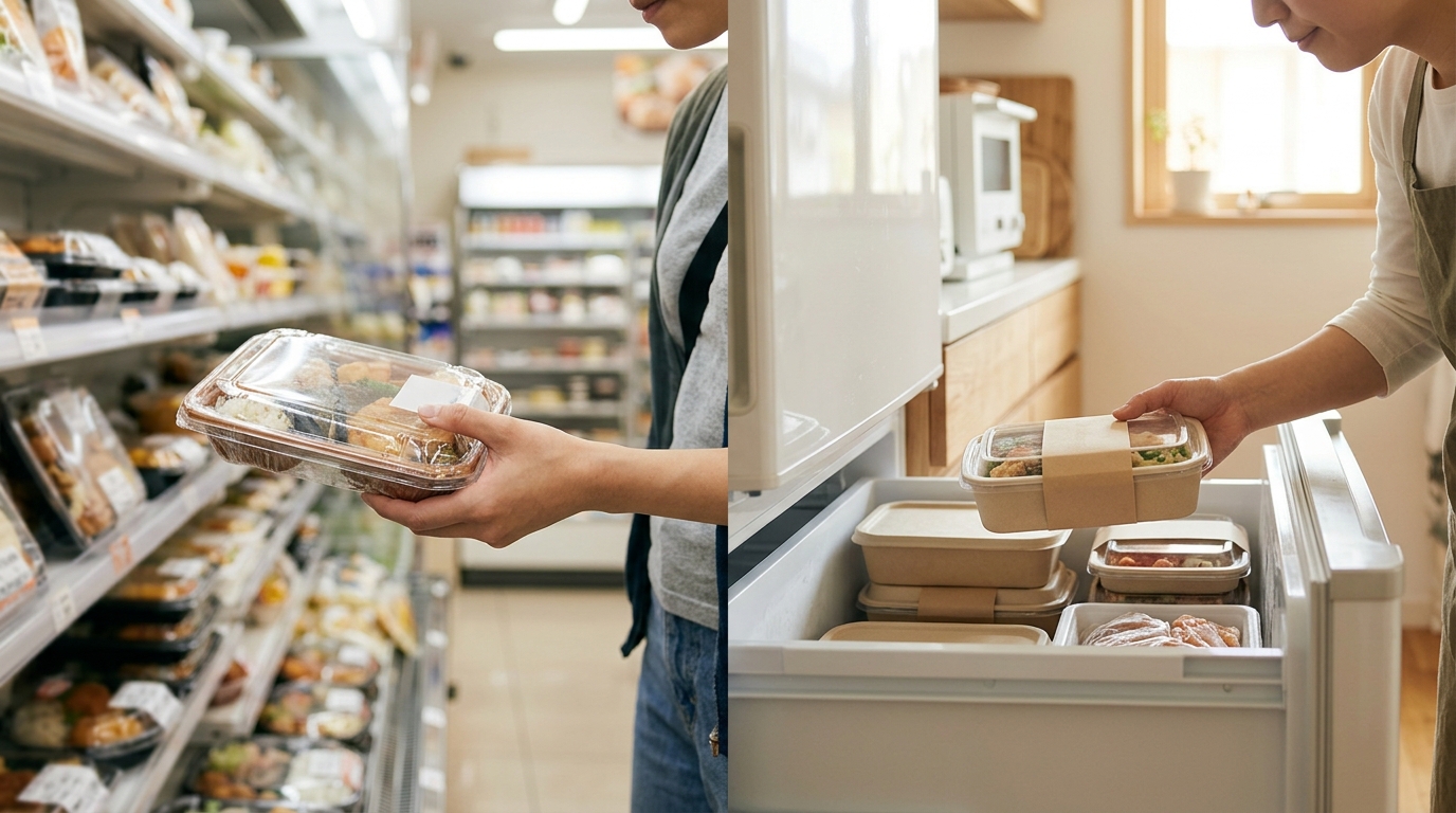 コンビニ弁当と宅食の保存・利便性を比較する様子