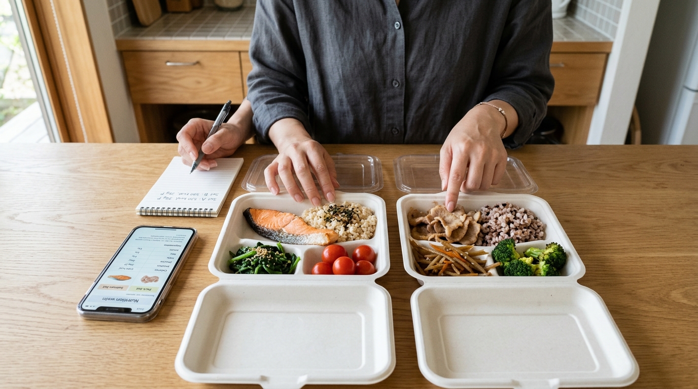 キッチンで宅食サービスのメニューと栄養成分を比較検討している手元の様子