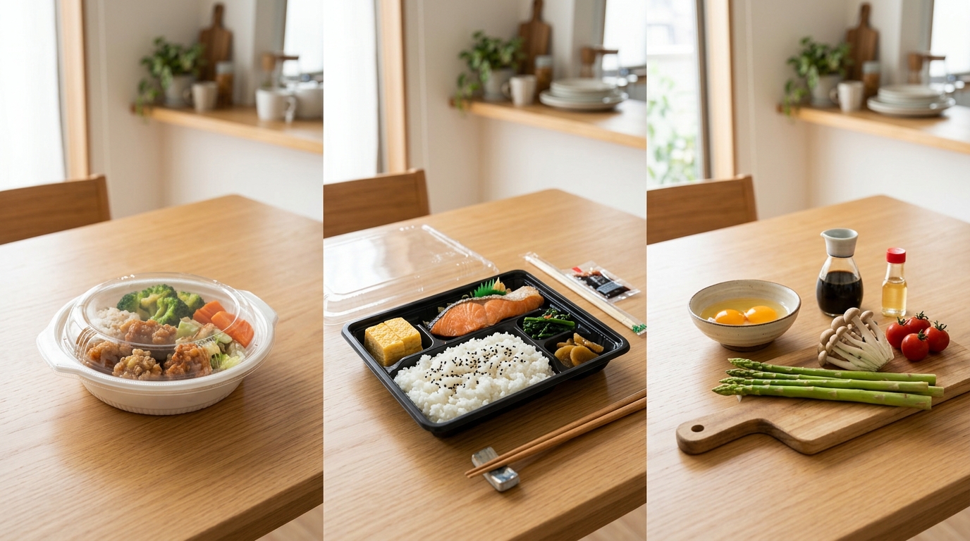 自炊、コンビニ弁当、宅食を並べて比較している様子