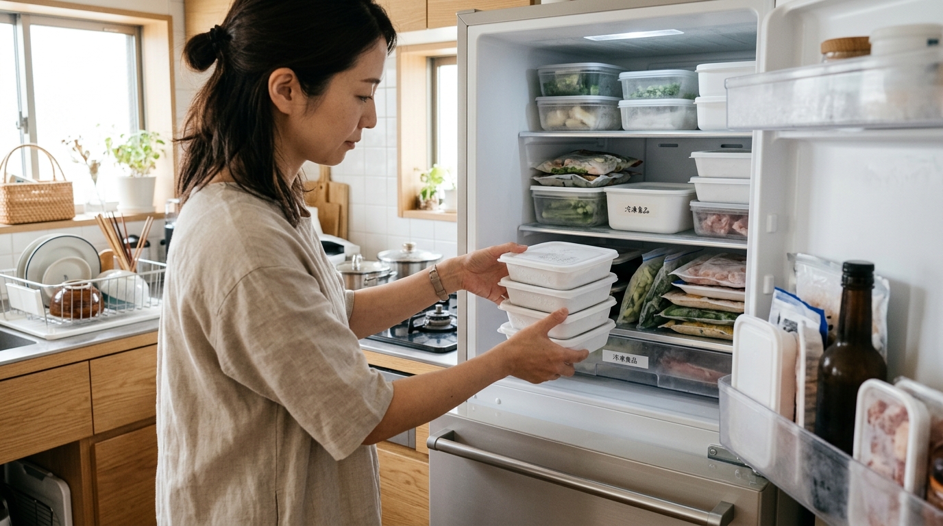 冷凍庫に宅食の容器を収納して整理している様子