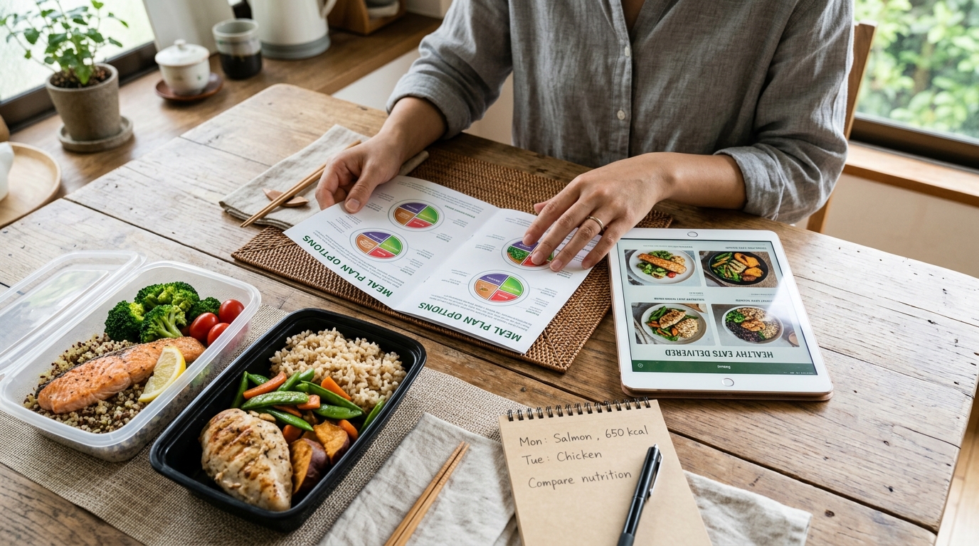 宅食サービスの栄養成分やメニューを比較検討している様子