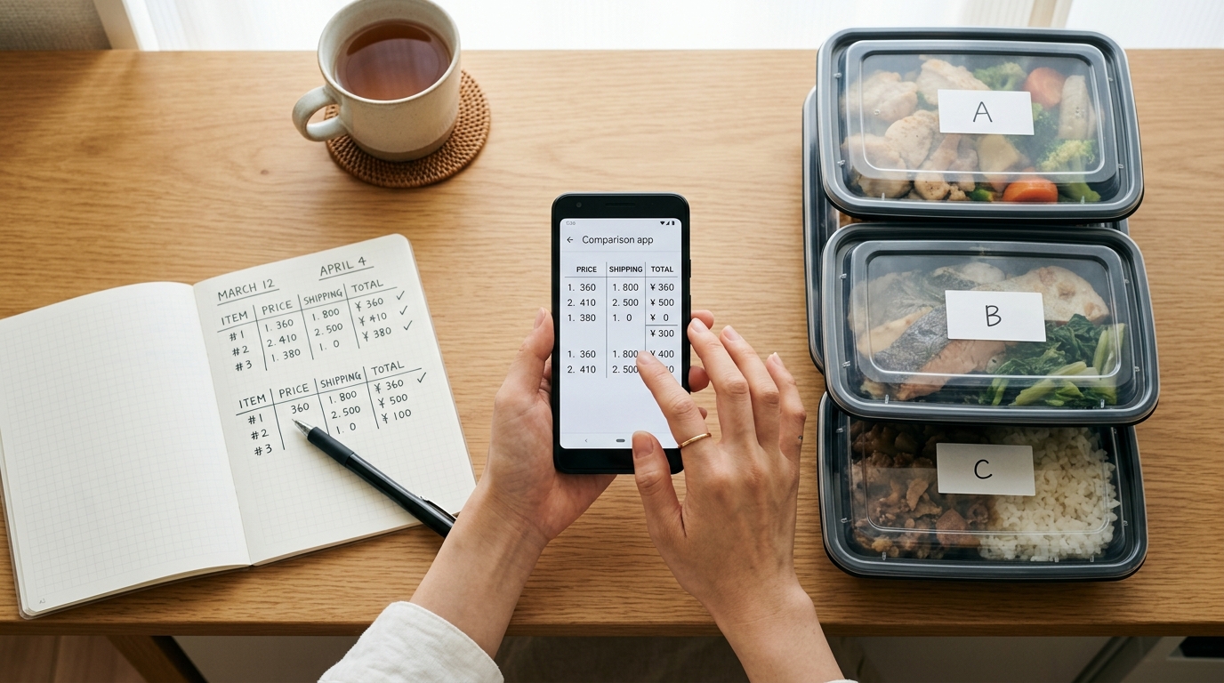宅食の送料を含めた1食あたりの総額を計算している手元の様子