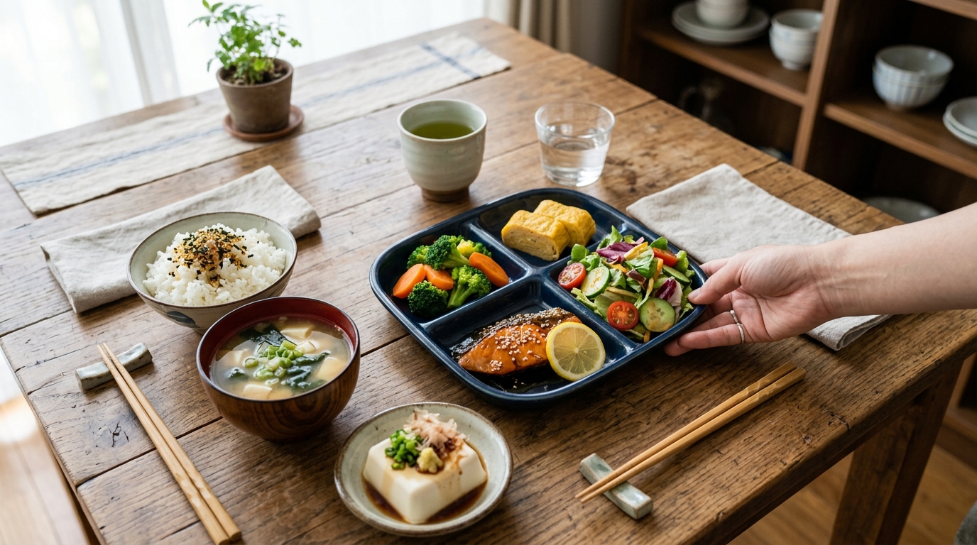 宅食のおかず容器に、ご飯や汁物を追加してバランスを整えている食卓の風景