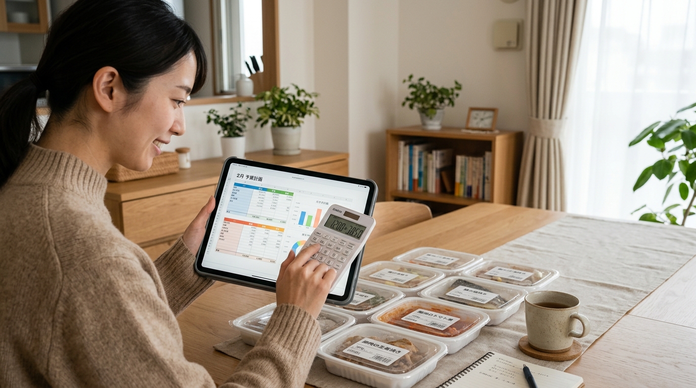 テーブルでタブレットと計算機を使い、宅食の費用をシミュレーションしている様子