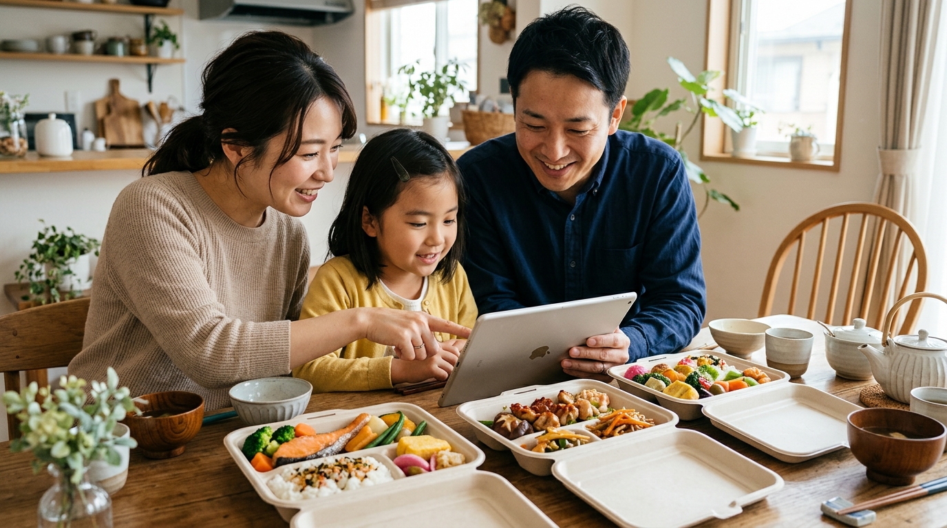家族でタブレットを見ながら宅配弁当のメニューを確認する様子