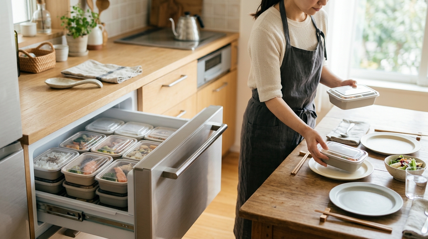 冷凍庫から宅食を取り出し、食卓へ並べる準備をしている様子